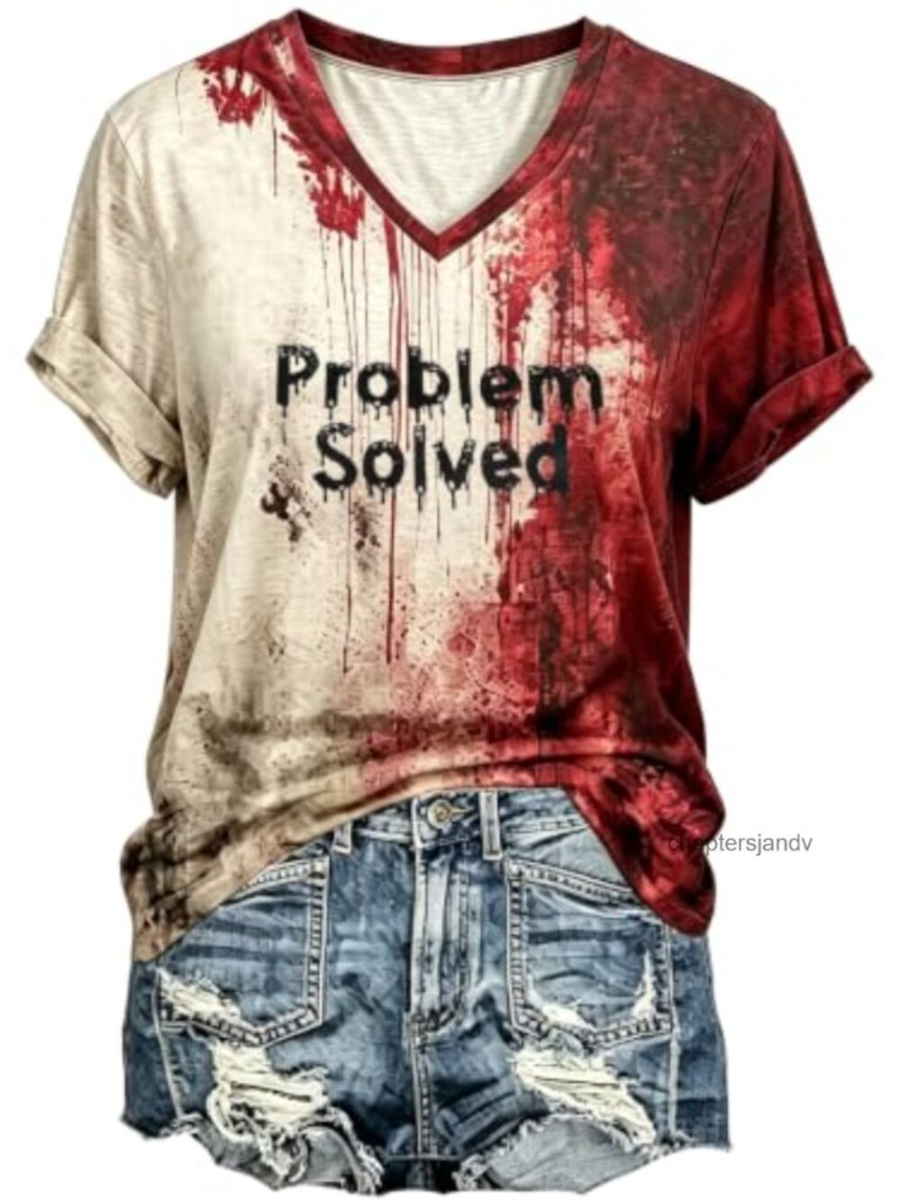 Womens Halloween Blood Splatter Graphic Tee V-Neck Short Sleeve Horror Costume